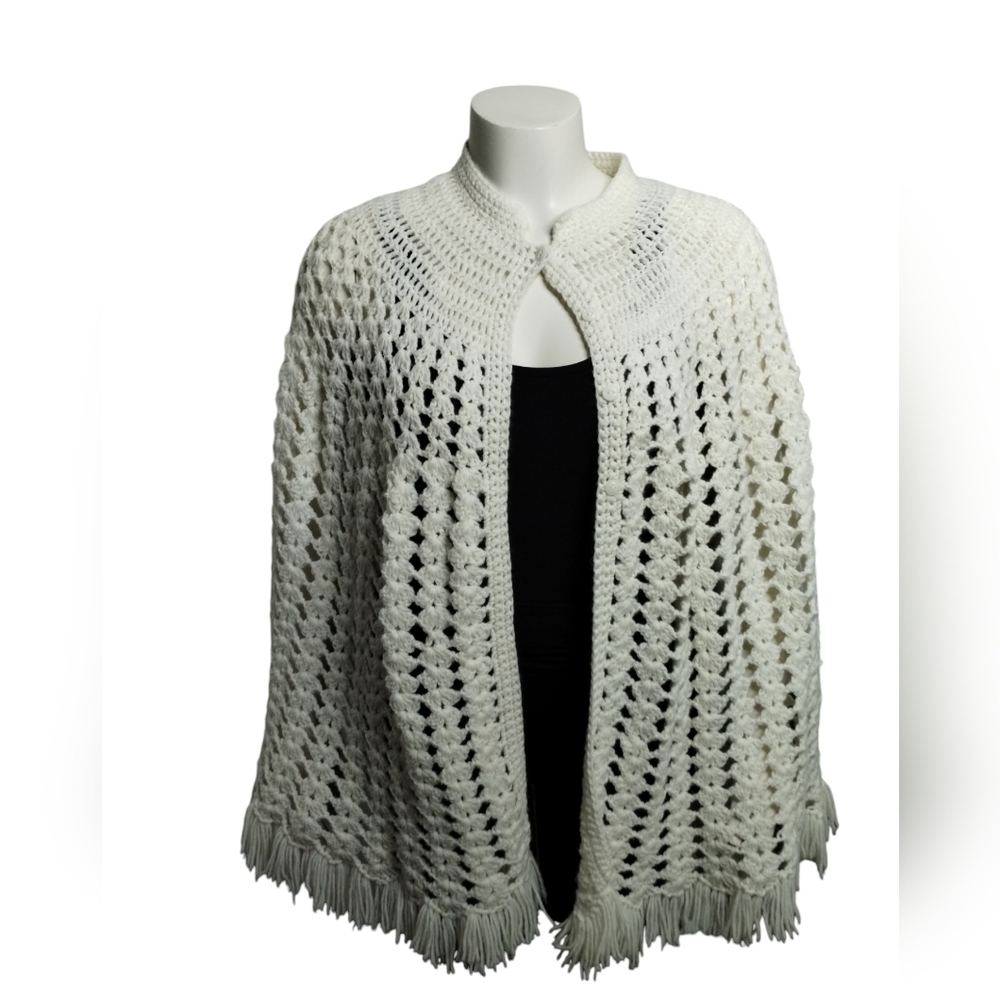 Handmade Crochet Ivory Womens One Size Grannycore Open Knit Cottagecore Cape